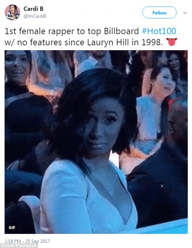 Not to brag... The star took to social media to celebrate the milestone, tweeting '1st female rapper to top Billboard #Hot100 w/ no features since Lauryn Hill in 1998' along with a GIF