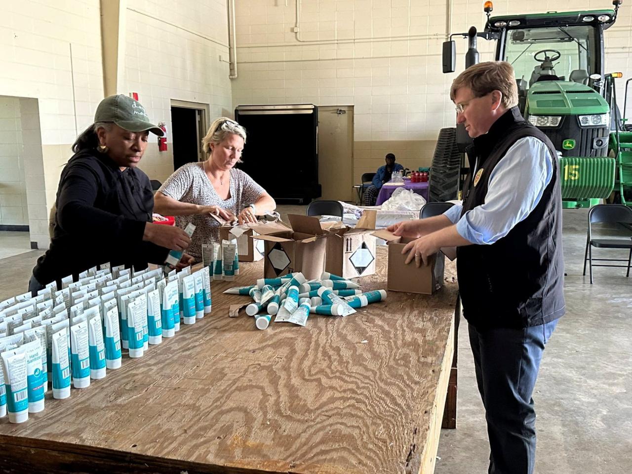 Governor of Mississippi Tate Reeves visits volunteers helping in the aftermath of a tornado in Rolling Fork, Mississippi on Saturday. Photo: Governor of Mississippi Tate Reeves via Twitter / Handout via Reuters