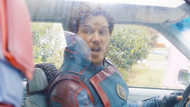 A photo of a clip from Guardians of the Galaxy Volume 3 showing Peter Quill mid saying the f-word in a car.