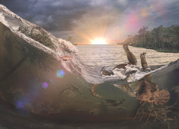 The Chicxulub impact 66 million years ago generated a tsunami-like wave in an inland sea that killed and buried fish, mammals, insects and a Triceratops, the first victims of a cataclysm that led to Earth’s last mass extinction. Image credit: Robert DePalma.